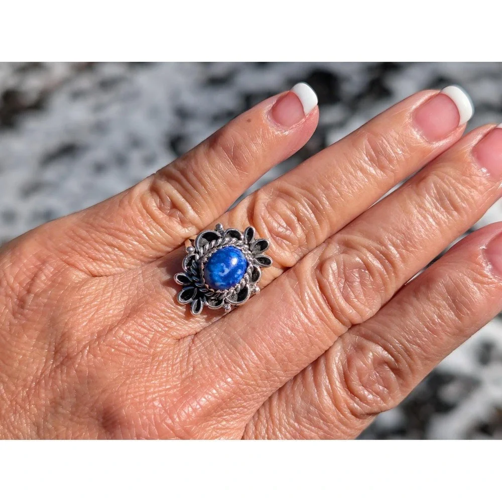 Navajo Sodalite Stone Scallop Ribbon‎ Halo Ring by Marvin Martinez Sz7.5US